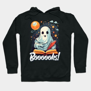 Funny Halloween Cute Ghost Reading a Book Moon Stars Sky Hoodie